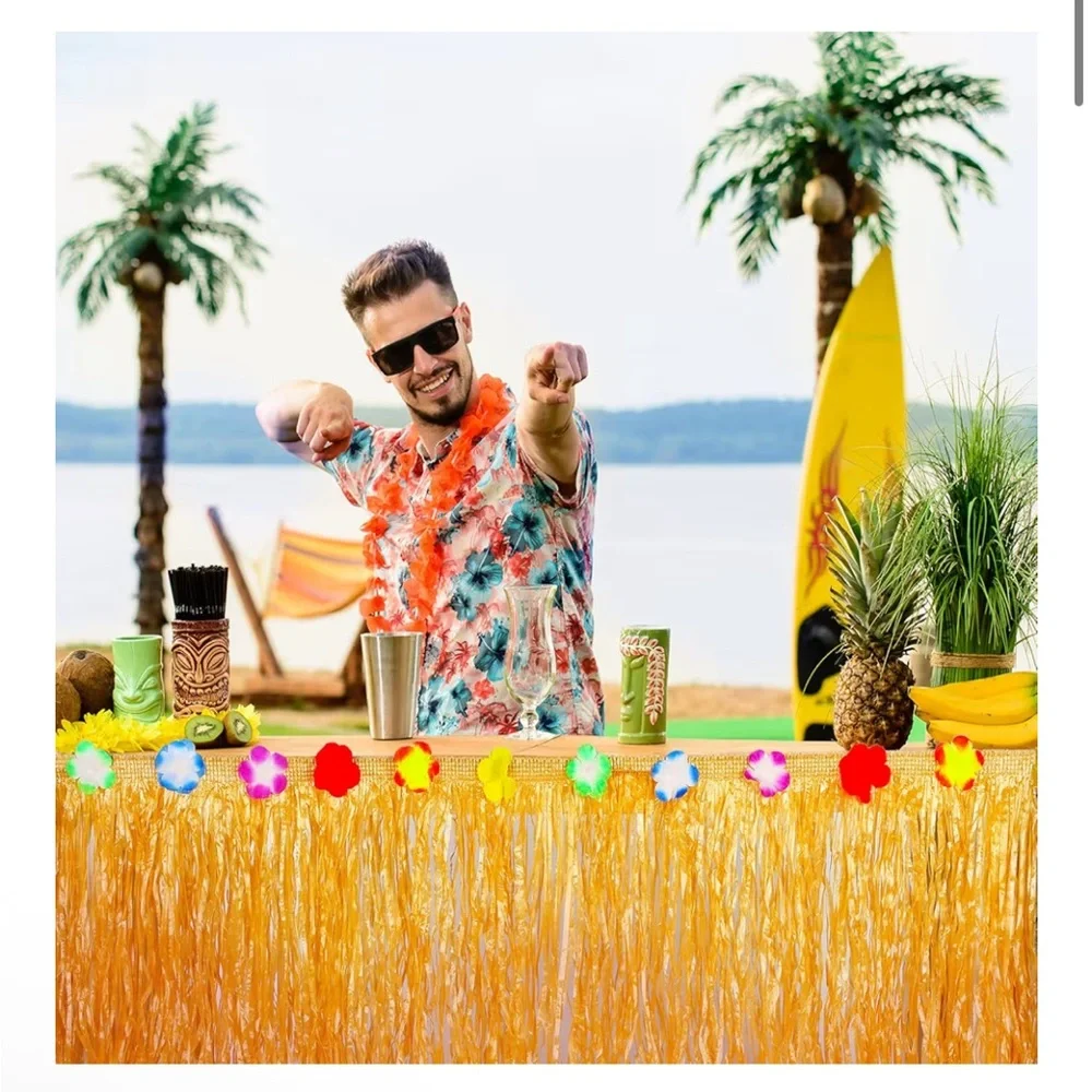 3 Pieces Hawaiian Table Skirt Tropical Luau Grass Table Skirt 9 Feet 002
